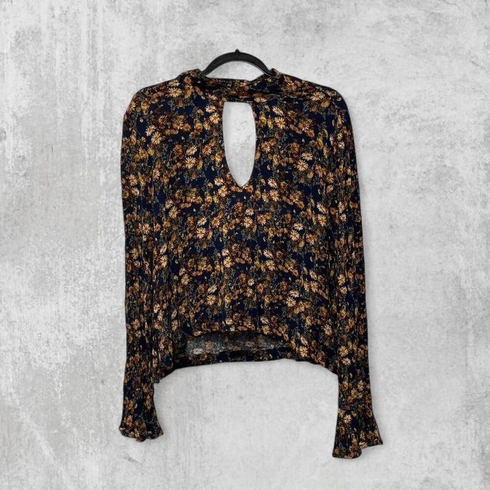Free People Navy Floral Blouse | Mock Neck Keyhole Cutout | Boho Chic | Size L